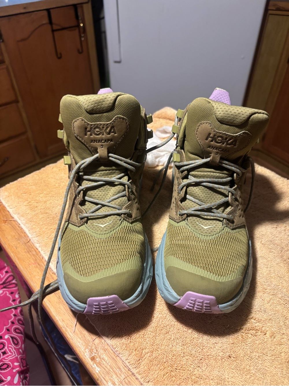New no box Hoka Olive Green Hiking Shoe with Light Purple Trim